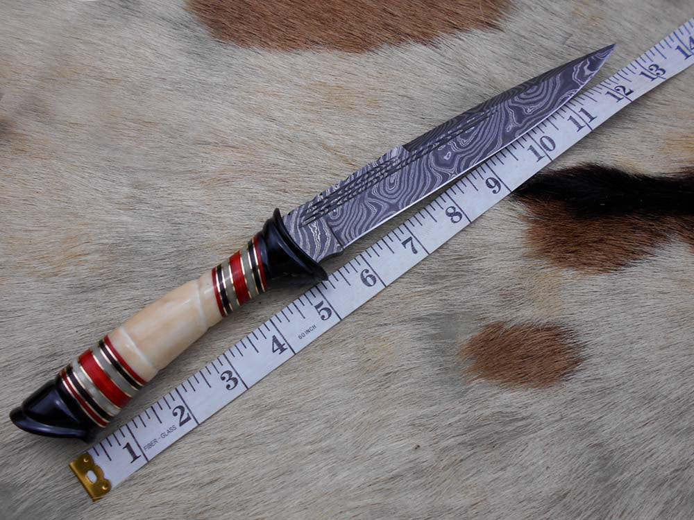 13" Long Damascus steel skinning knife hand forged Polished camel bone with red fiber and brass spacer hand crafted scale custom made