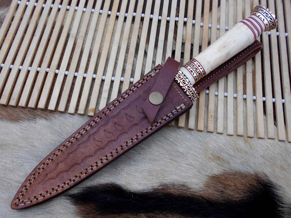 12.2" Long Damascus Dagger hand forged Knife 6.2" dual edge very exotic camel bone scale crafted with engraved brass work and fiber spacing