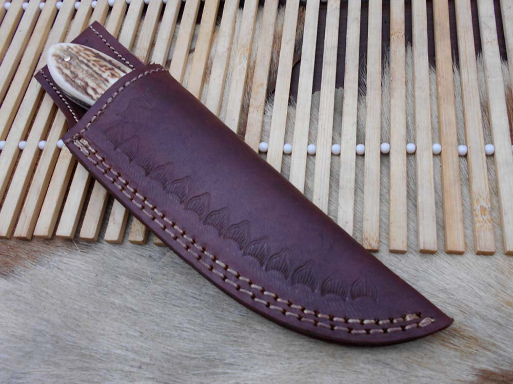 Stag antler with damascus bolster Exotic scale 8" Long Damascus Full tang hunting knife 4.2" cutting Hand Forged Cow leather sheath