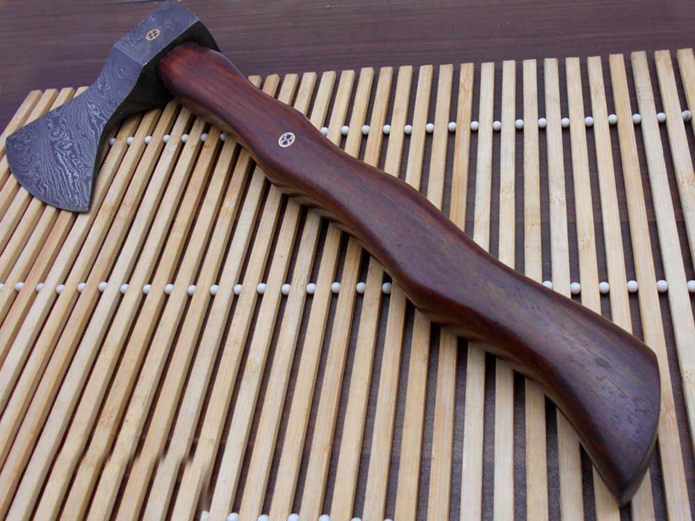 Damascus steel tomahawk Axe bearded hiking battle axe14.5 Inches long Hand Forged with Rose wood round handle, thick cow hide leather sheath