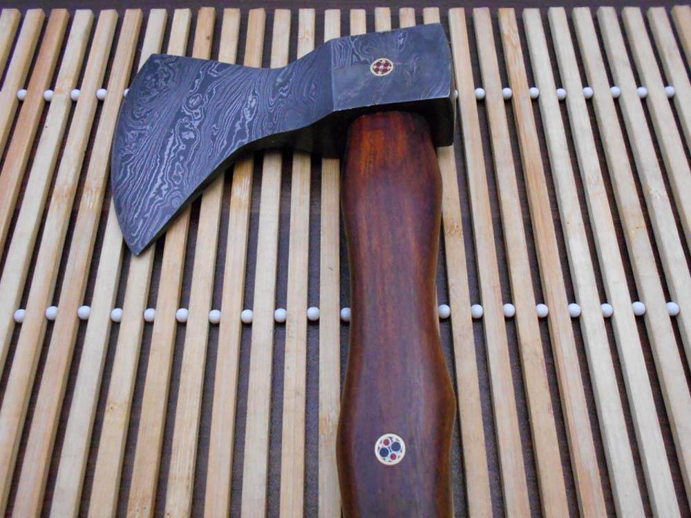 Damascus steel tomahawk Axe bearded hiking battle axe14.5 Inches long Hand Forged with Rose wood round handle, thick cow hide leather sheath