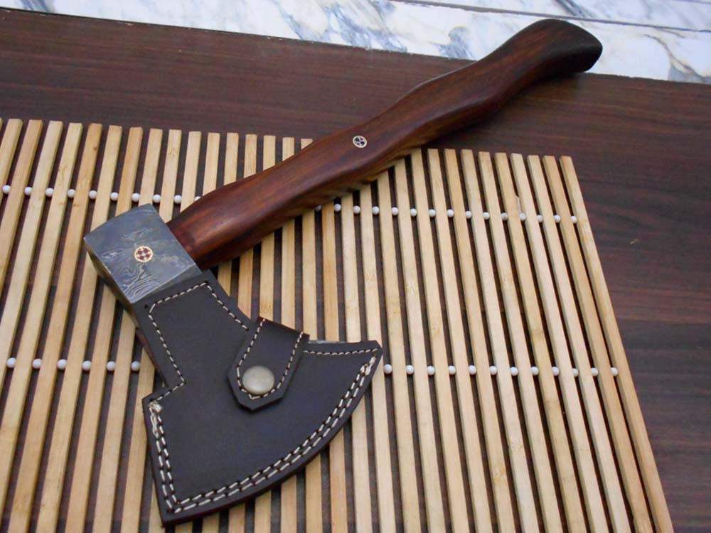 Damascus steel tomahawk Axe bearded hiking battle axe14.5 Inches long Hand Forged with Rose wood round handle, thick cow hide leather sheath