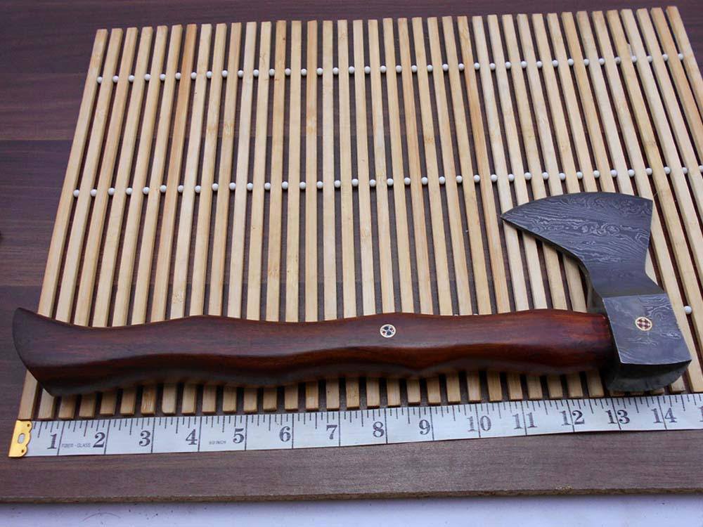 Damascus steel tomahawk Axe bearded hiking battle axe14.5 Inches long Hand Forged with Rose wood round handle, thick cow hide leather sheath