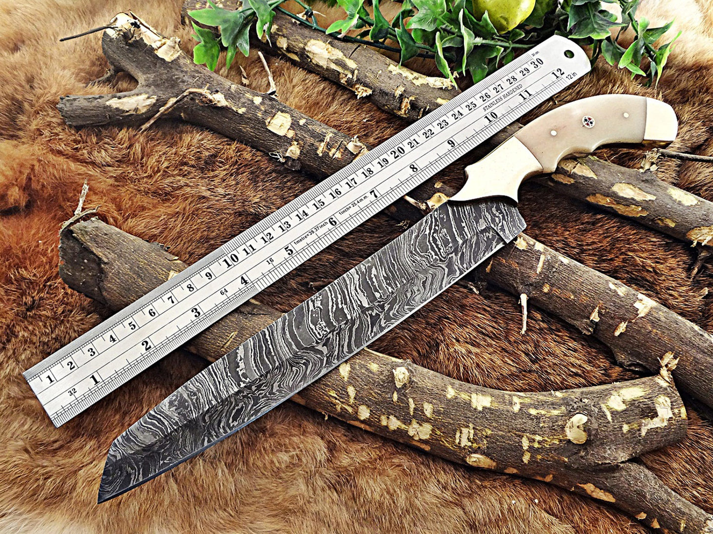 13 Inches long custom made Damascus steel full tang 9" blade kitchen Knife, Camel bone 4" scale with brass bolster