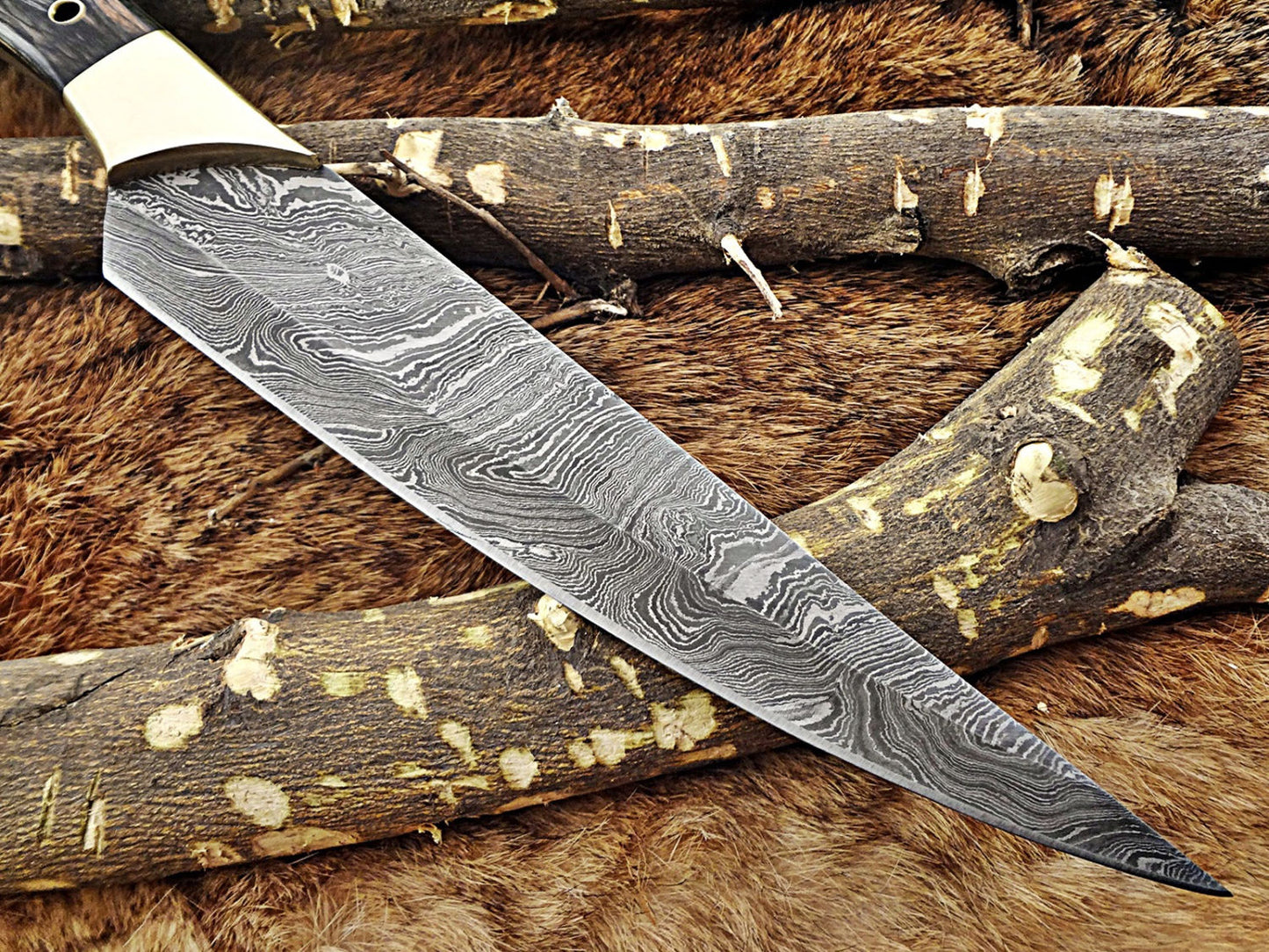 13.5 Inches long custom made Damascus steel slicer kitchen chef Knife 8" full tang blade Black Dollar Wood scale with brass bolster