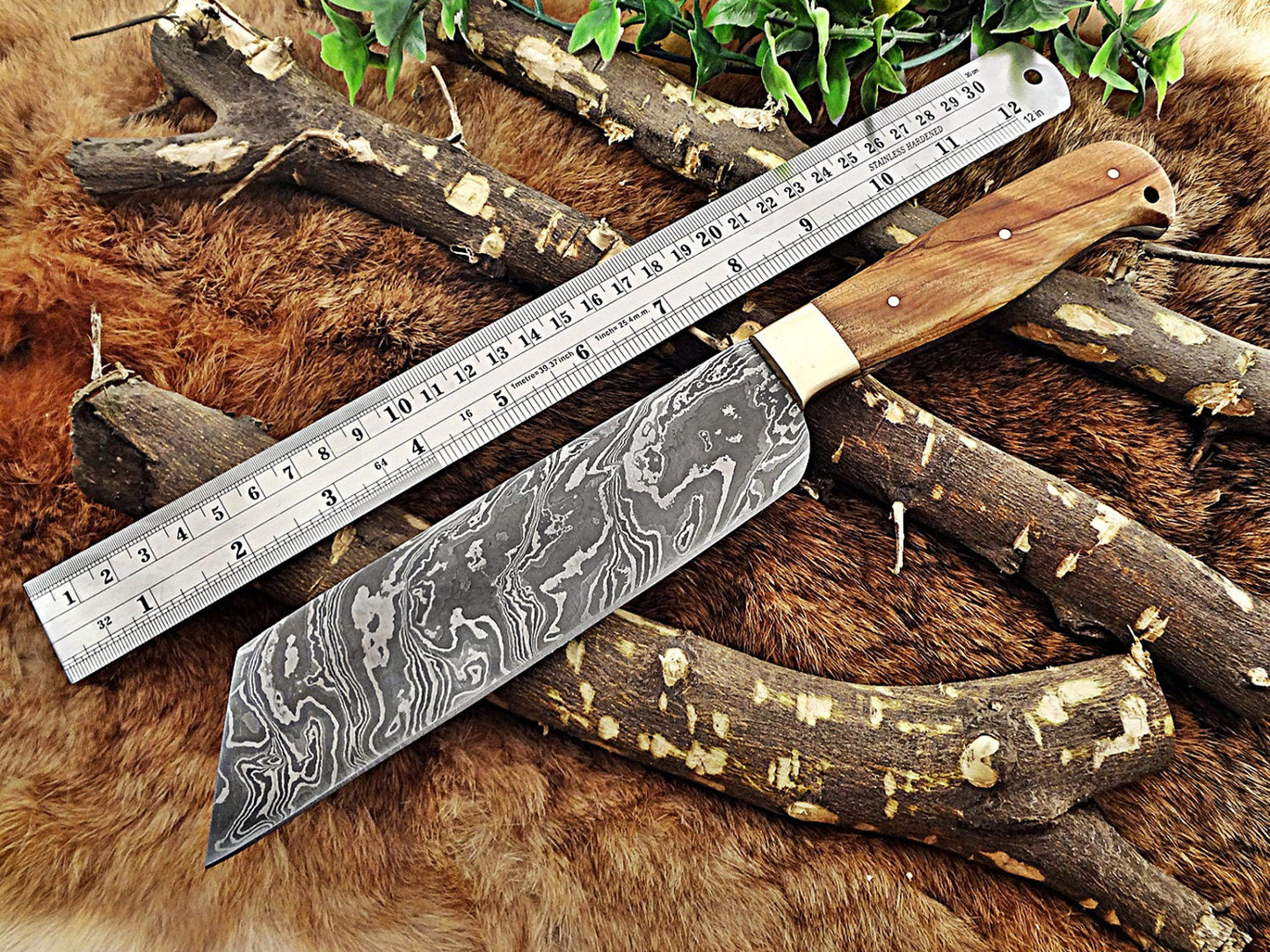 12 Inches long custom made Damascus steel full tang butcher Knife 7" full tang blade blade Natural Kow wood scale with brass bolster