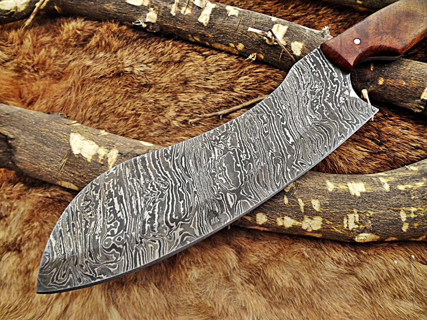13 Inches long custom made Damascus steel full tang blade chopper chef Knife 7.5" long cutting edge Rose Wood scale with inserting hole