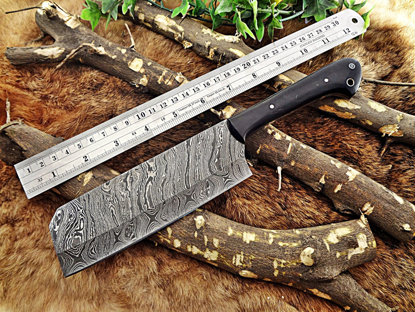 Damascus steel chopper chef cleaver Knife 10 Inches long custom made full tang 6" blade Buffalo Horn scale with inserting hole