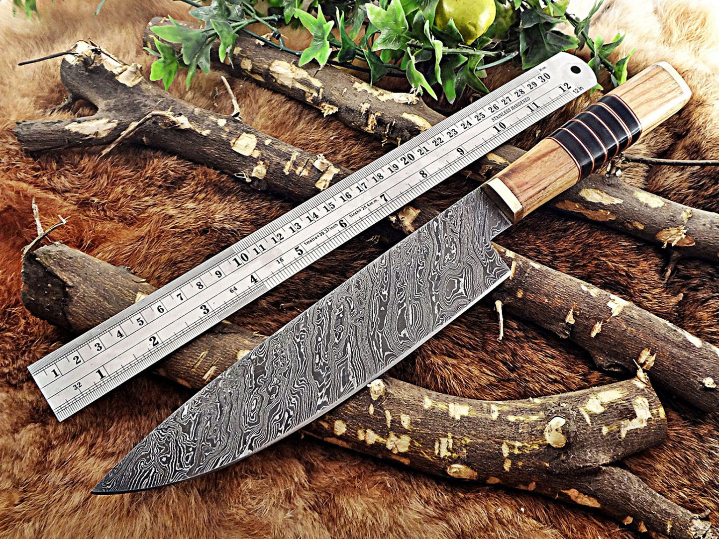 14 Inches long custom made Damascus steel chef Knife 9" full tang blade Kow wood scale with brass spacer and bull horn round scale