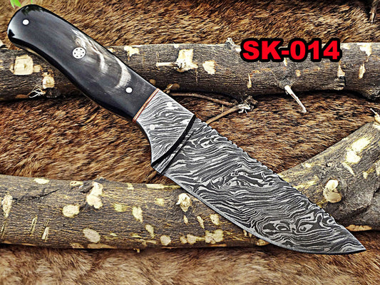 9.25" Long hand forged Damascus steel full tang drop point blade skinning Knife, Buffalo Horn scale with Damascus Bolster Cow Leather sheath
