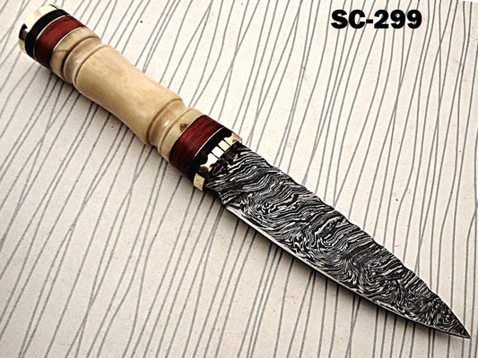 11" Long Damascus steel hunting Knife hand forged fire pattern, engraved Camel bone & brass round scale, thick Cow hide leather sheath