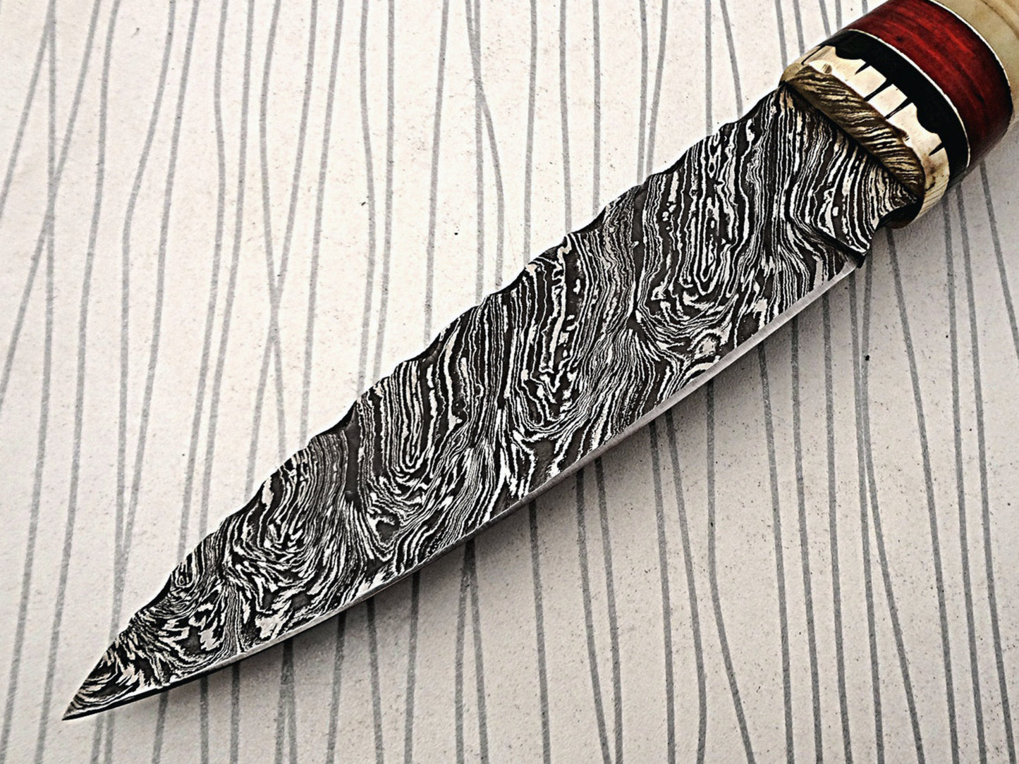 11" Long Damascus steel hunting Knife hand forged fire pattern, engraved Camel bone & brass round scale, thick Cow hide leather sheath