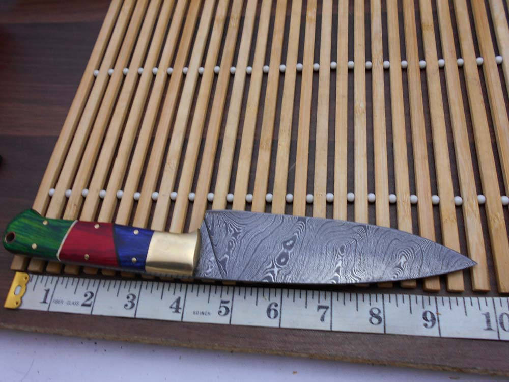 9.5 Inches long custom made Damascus steel full tang 5.5" blade Chef Knife, Multi color wood scale with brass bolster, Cow Leather sheath