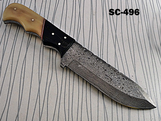 9.5" long Damascus Steel full tang hunting Knife custom made Hand Forged 5" blade, Bull horn & camel bone scale cow hide leather sheath