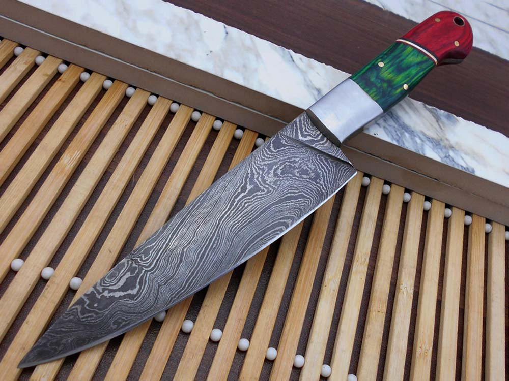 Red & green wood scale with steel bolster 10 Inches long custom made Damascus steel full tang 6" blade Chef Knife , cow leather sheath