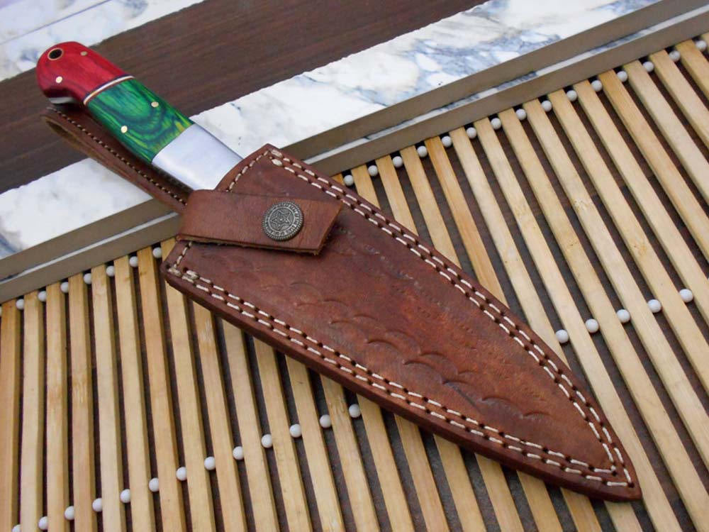 Red & green wood scale with steel bolster 10 Inches long custom made Damascus steel full tang 6" blade Chef Knife , cow leather sheath