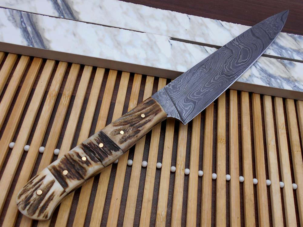 12.5 Inches long custom made Damascus steel full tang 6.5" blade Chef Knife, 5" long stag Antler scale Cow hide Leather sheath