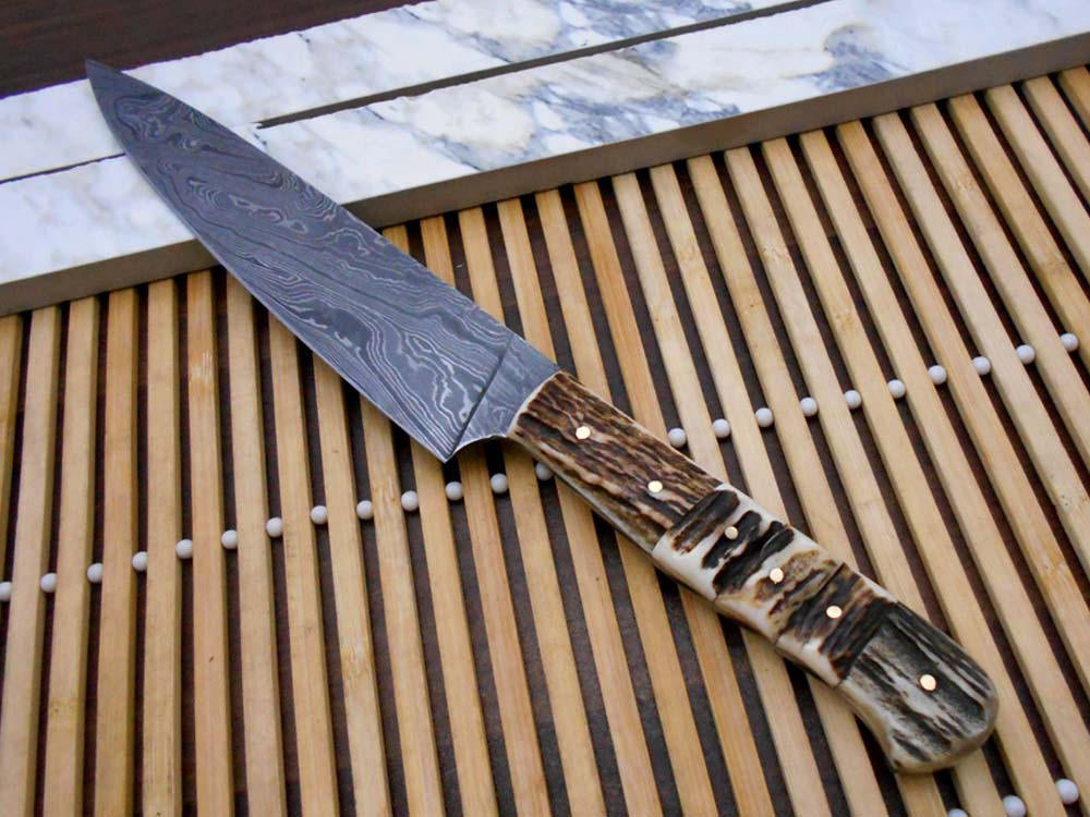 12.5 Inches long custom made Damascus steel full tang 6.5" blade Chef Knife, 5" long stag Antler scale Cow hide Leather sheath