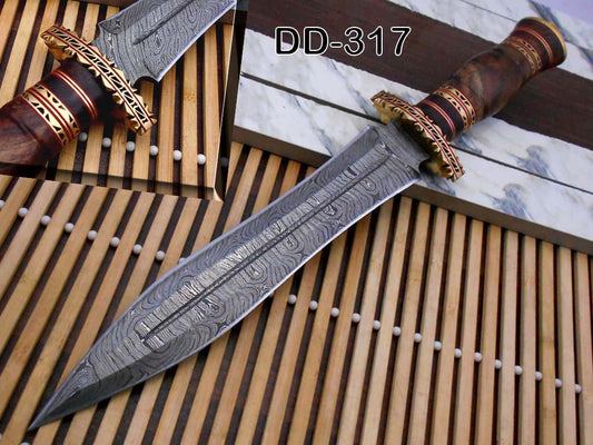 15 Inches long custom made Hand Forged Damascus Steel dagger Knife With 8" blade, Natural wood with engraved brass scale cow leather sheath