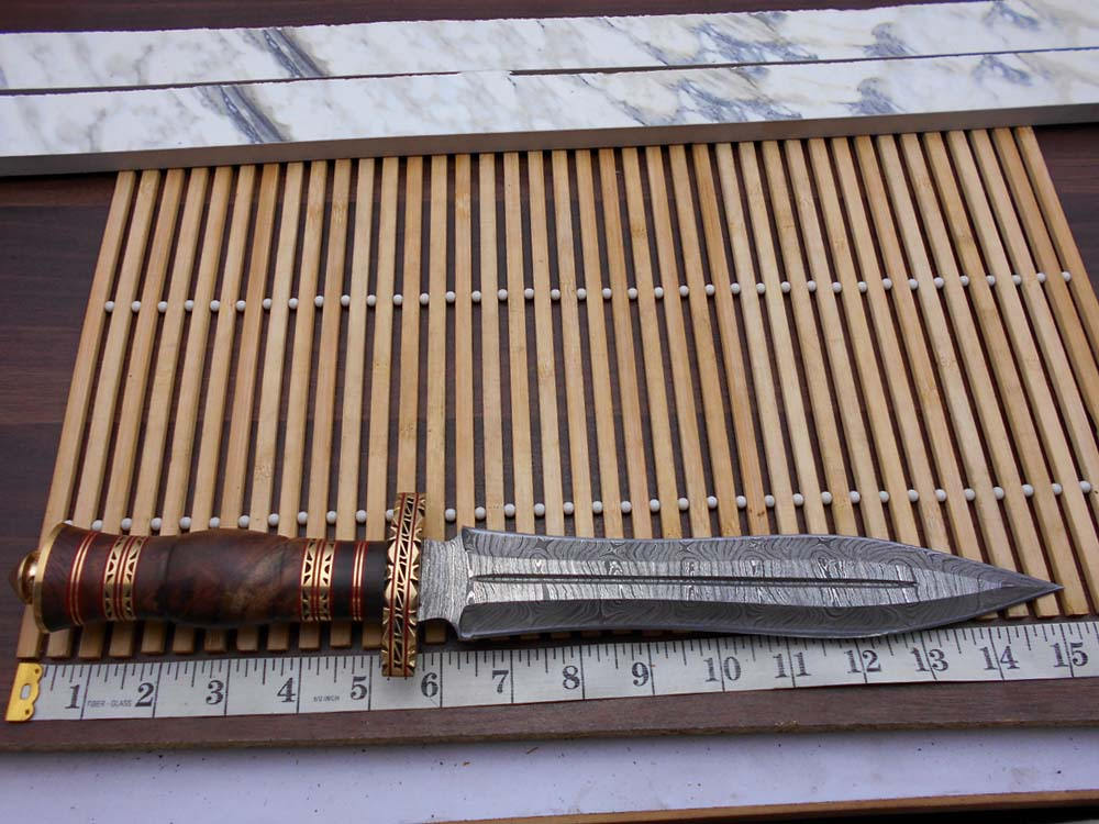 15 Inches long custom made Hand Forged Damascus Steel dagger Knife With 8" blade, Natural wood with engraved brass scale cow leather sheath