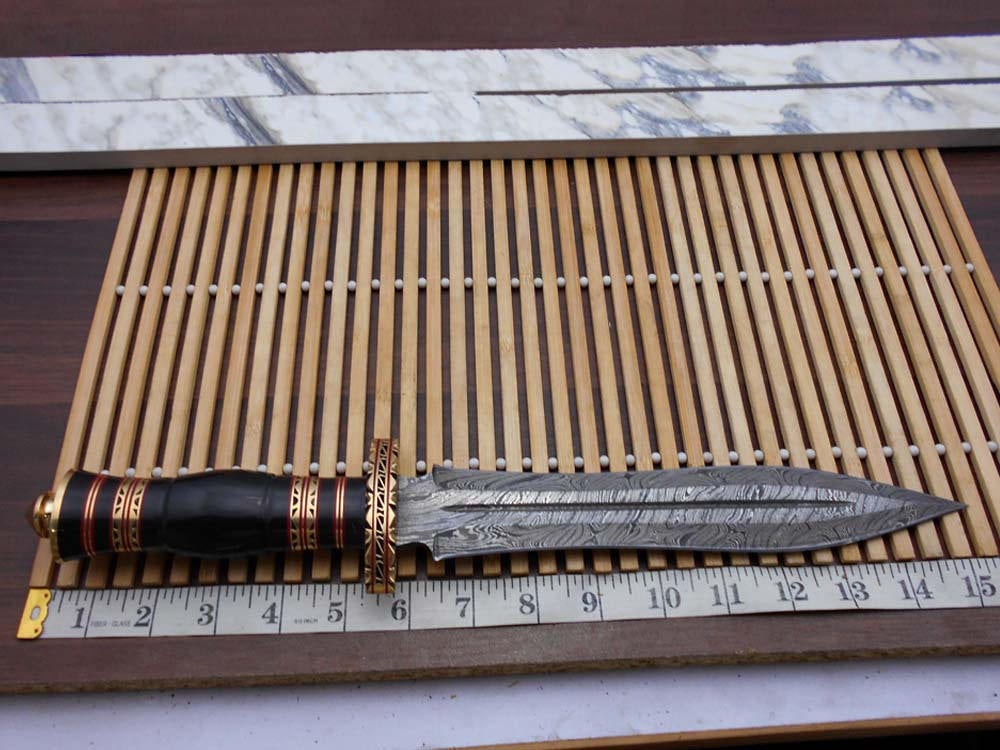 15 Inches long custom made Hand Forged Damascus Steel dagger Knife With 9" blade, exotic engraved brass & bull horn scale cow leather sheath