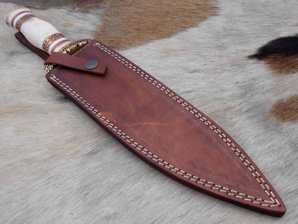 15"Long Damascus steel Dagger knife hand forged 8" dual edge,exotic scale crafted with engraved brass finger guard pommel camel bone