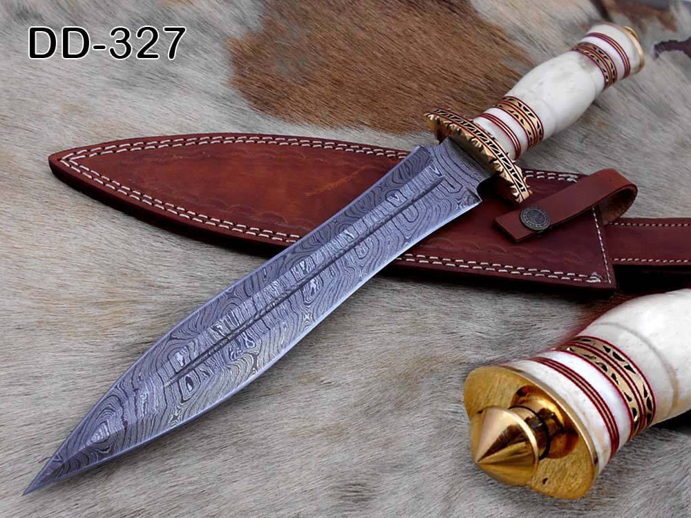 15"Long Damascus steel Dagger knife hand forged 8" dual edge,exotic scale crafted with engraved brass finger guard pommel camel bone