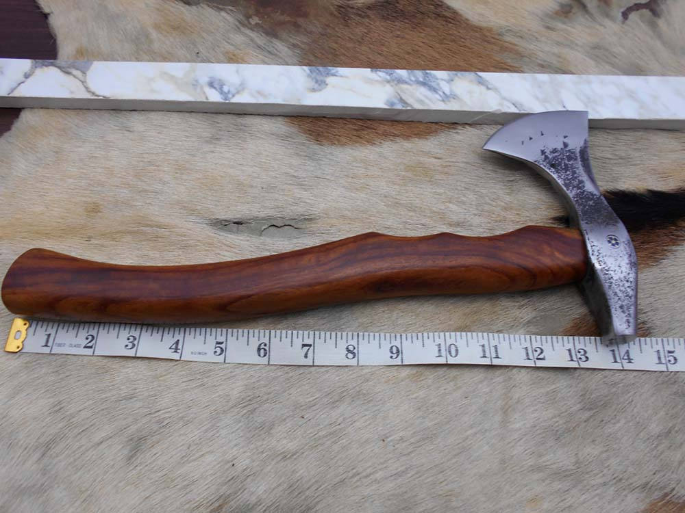 tomahawk Axe bearded hiking battle axe 14 Inches long Hand Forged Carbon steel with Rose wood round handle, thick cow hide leather sheath