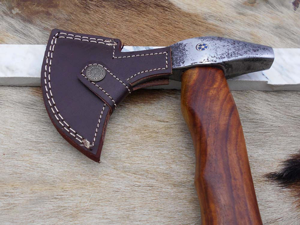 tomahawk Axe bearded hiking battle axe 14 Inches long Hand Forged Carbon steel with Rose wood round handle, thick cow hide leather sheath