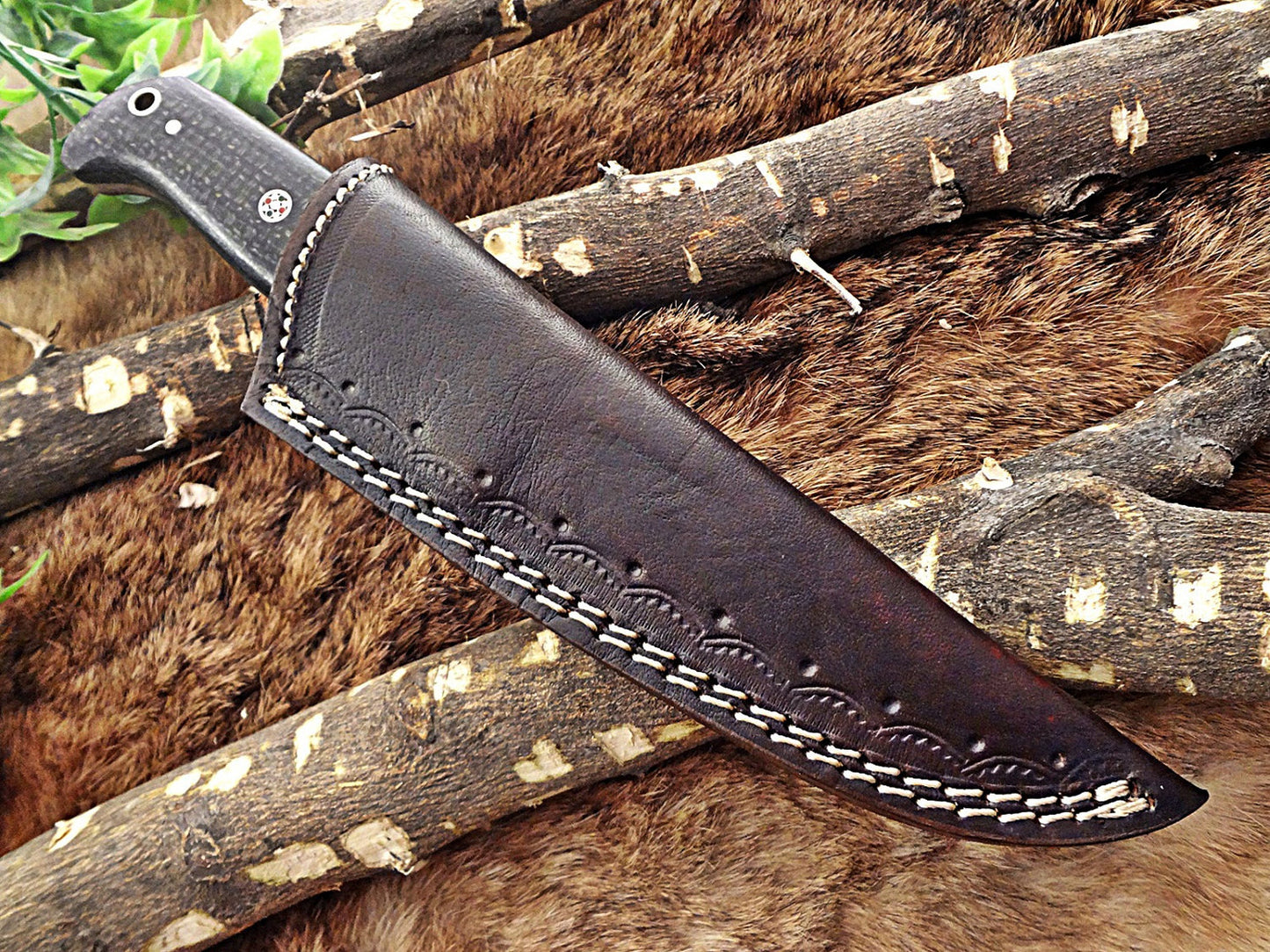 8.5" Long hand forged Damascus steel skinning knife, 4" full tang blade, Solid and 2 tone black scales available, Cow hide Leather sheath included