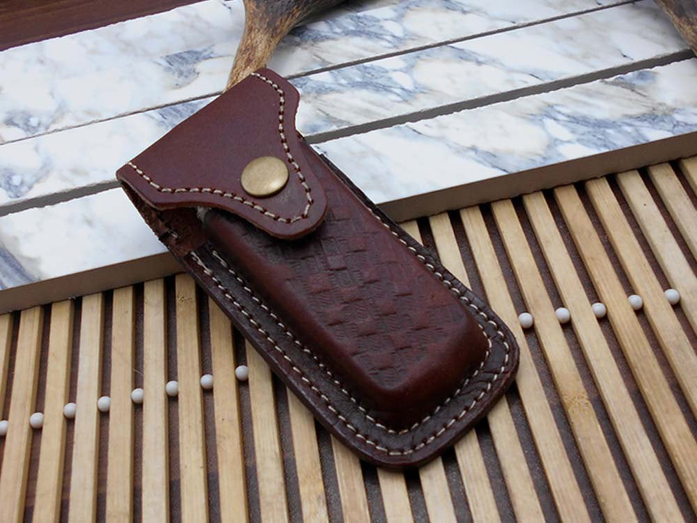 8" long Damascus steel custom made Folding Knife with pocket clip, Available in various scales option with Damascus, 3.5" Damascus steel blade with Liner lock, Includes Cow hide leather sheath
