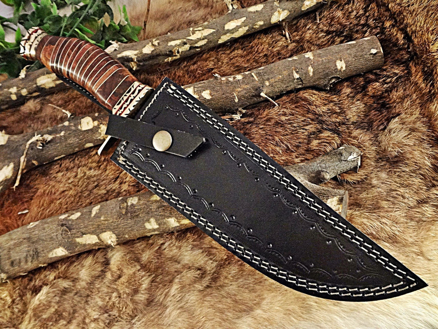 12.5" Long hand forged Damascus steel Hunting Bowie Knife, sliced Rose Wood With engraved Brass cap and finger guard, Cow Leather sheath