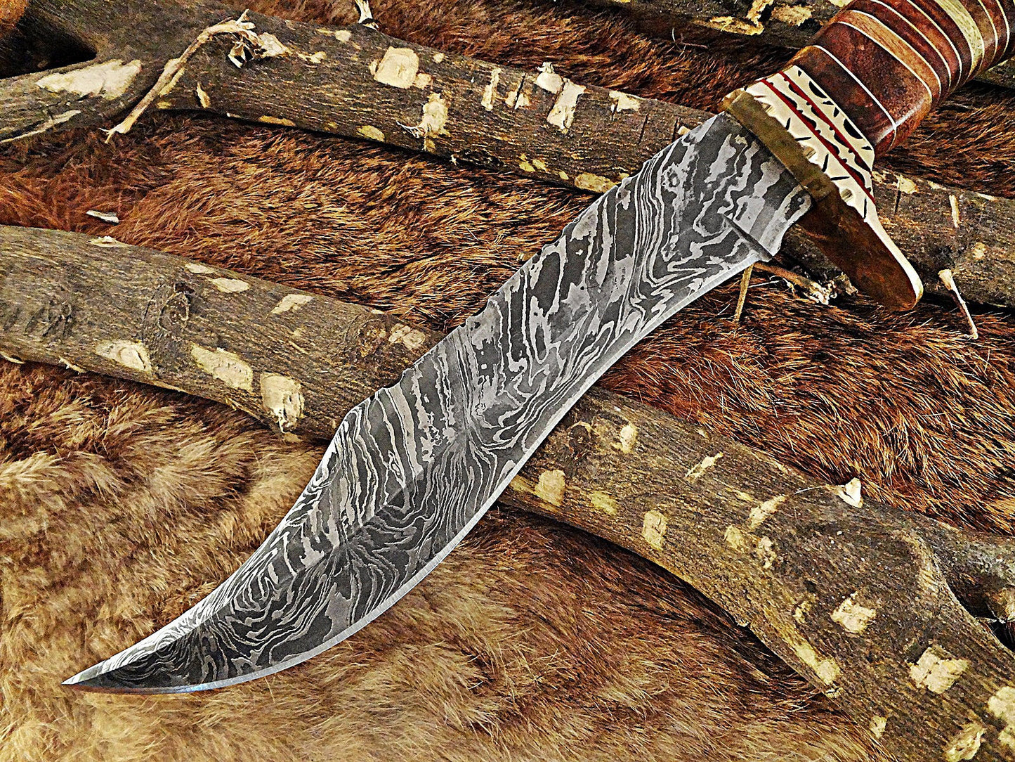 12.5" Long hand forged Damascus steel Hunting Bowie Knife, sliced Rose Wood With engraved Brass cap and finger guard, Cow Leather sheath