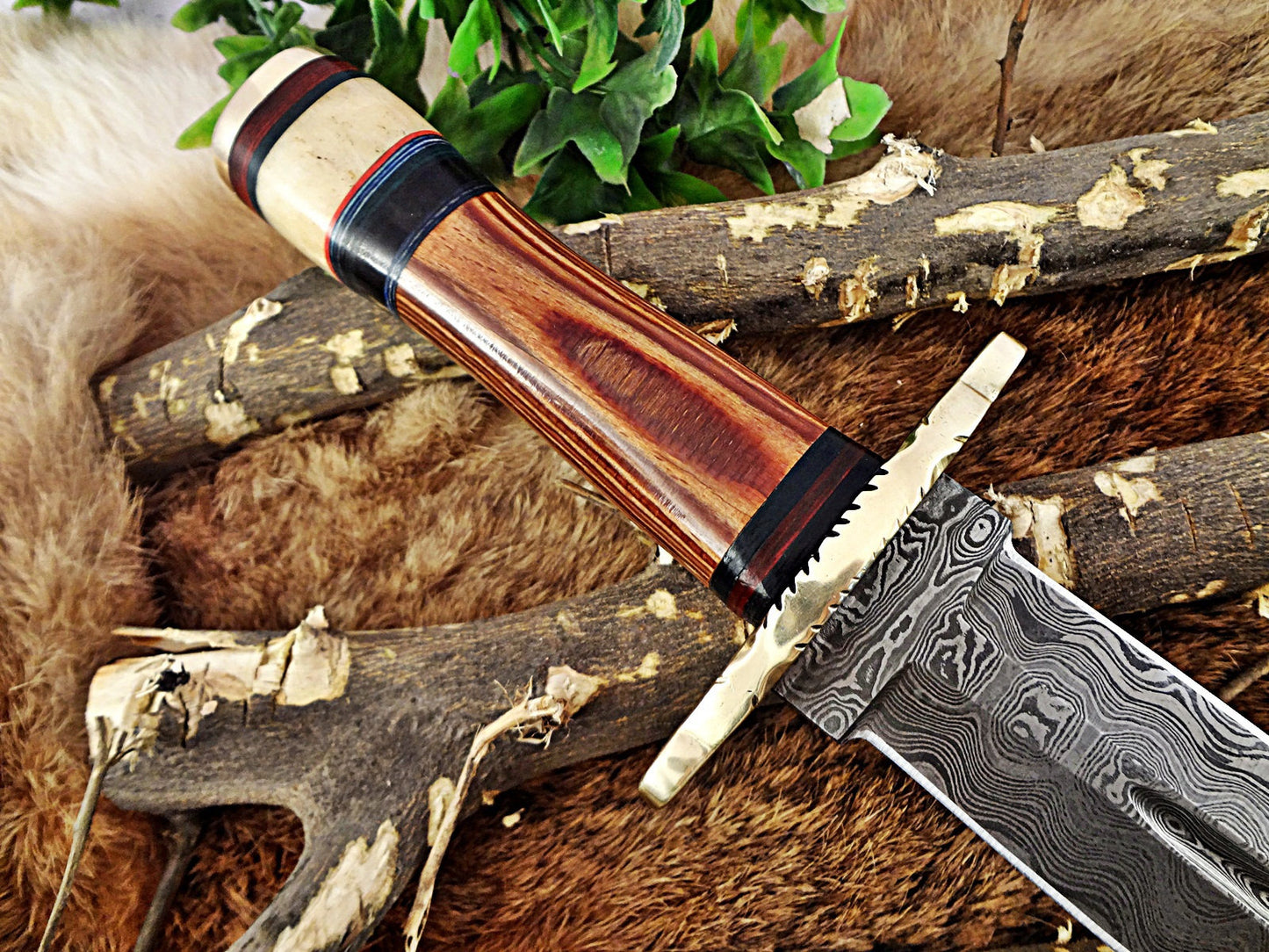 14" Long hand forged Damascus steel Dagger Knife, Dollar wood, bone and bull horn scale with brass cap and finger guard, Cow Leather sheath