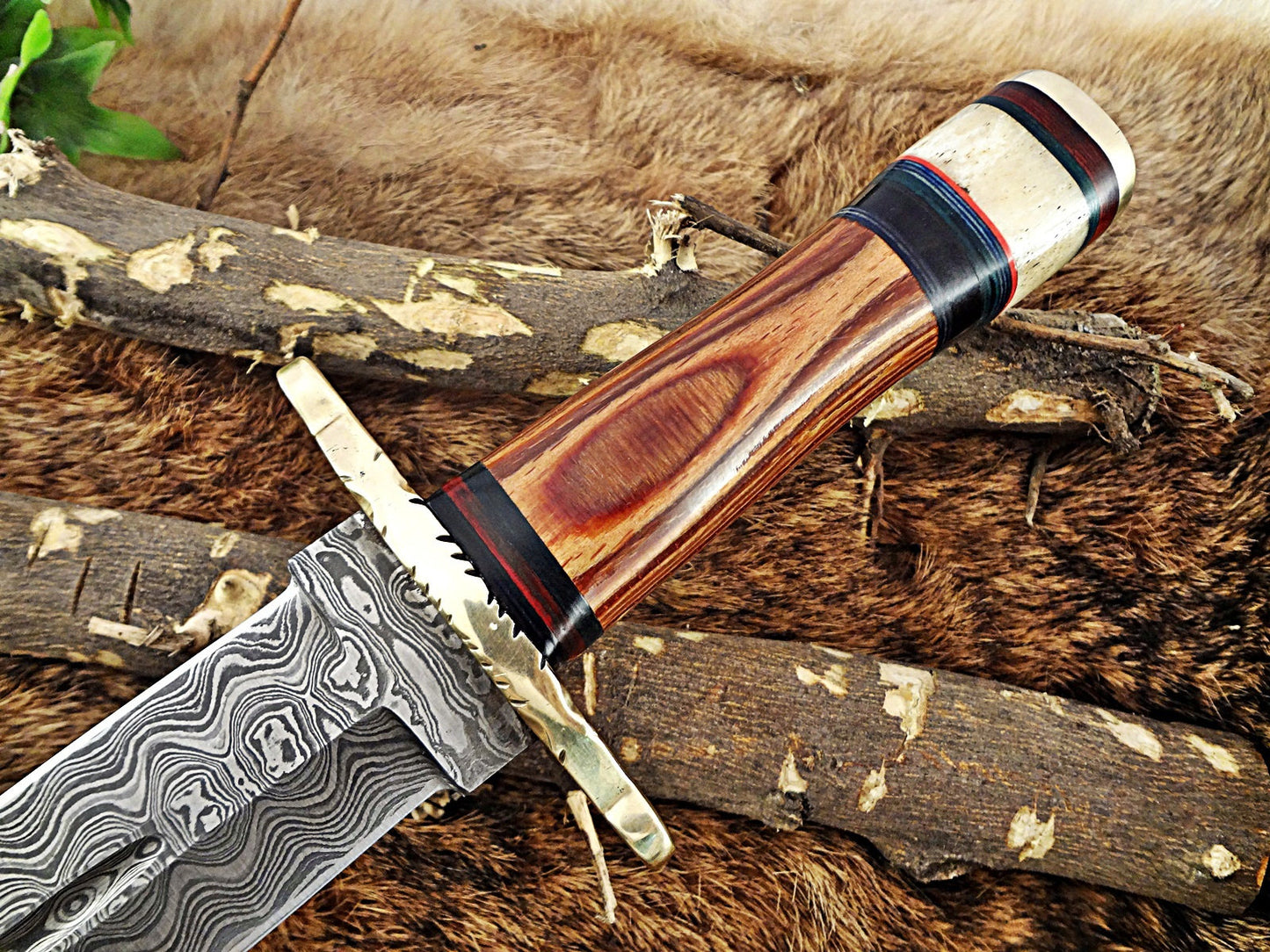 14" Long hand forged Damascus steel Dagger Knife, Dollar wood, bone and bull horn scale with brass cap and finger guard, Cow Leather sheath