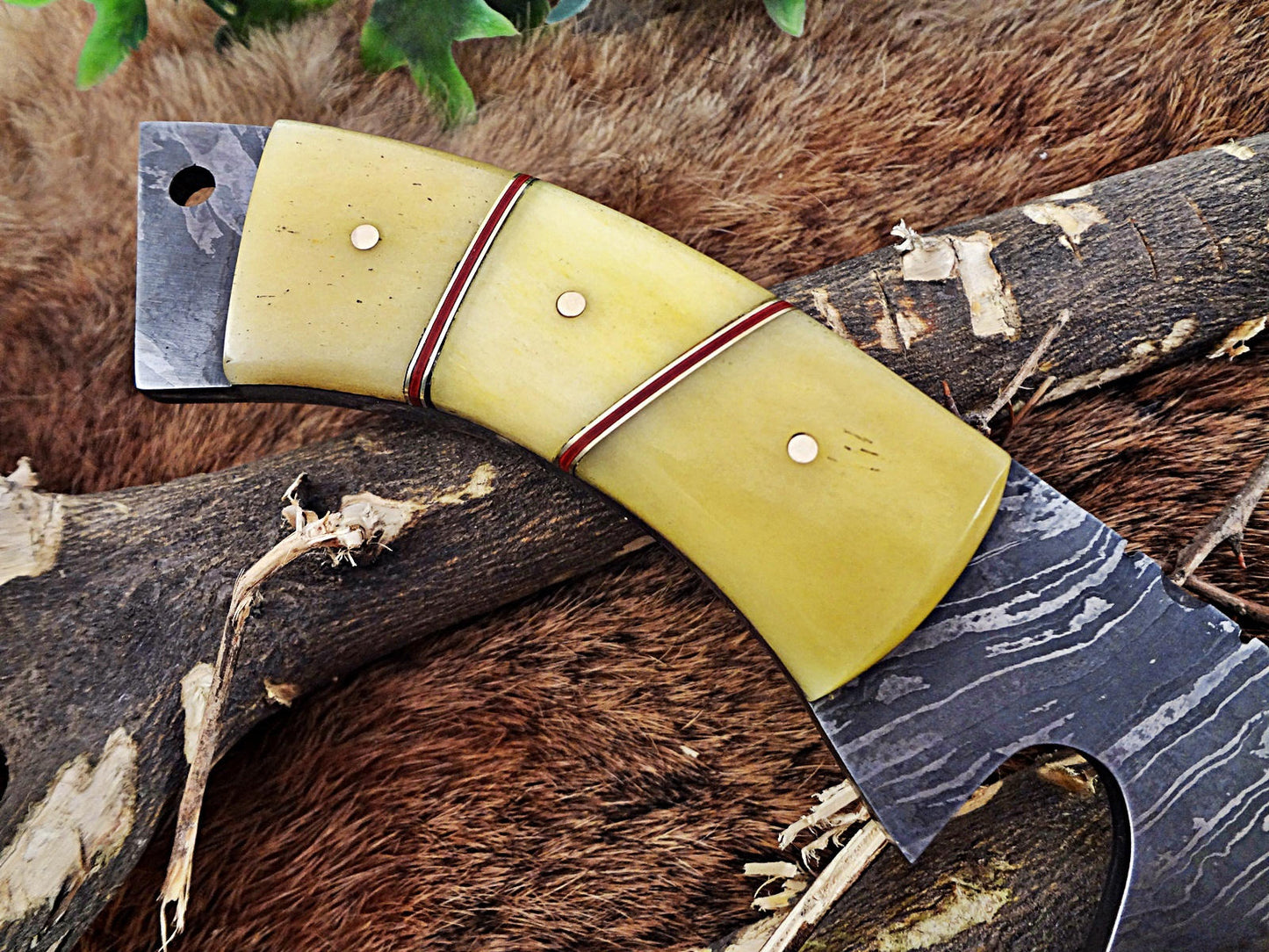 11" Long hand forged Damascus steel cleaver knife full tang chopper Knife, Butcher knife Natural Camel Bone Scale, Cow Leather sheath