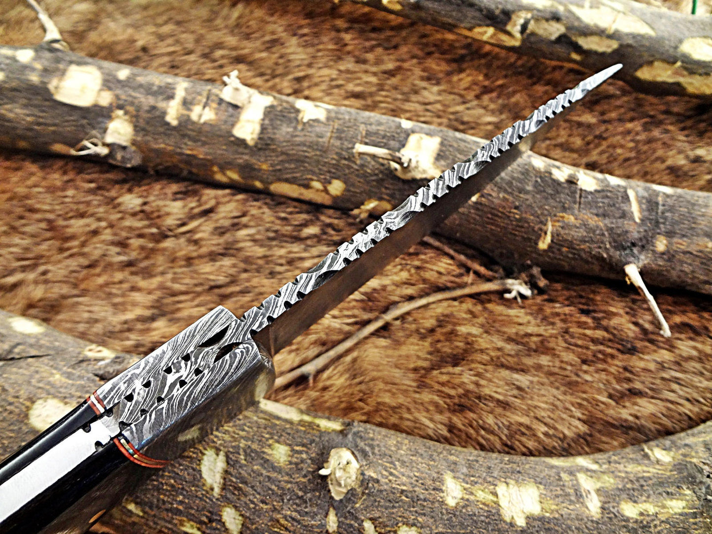 9.25" Long hand forged Damascus steel full tang drop point blade skinning Knife, Buffalo Horn scale with Damascus Bolster Cow Leather sheath