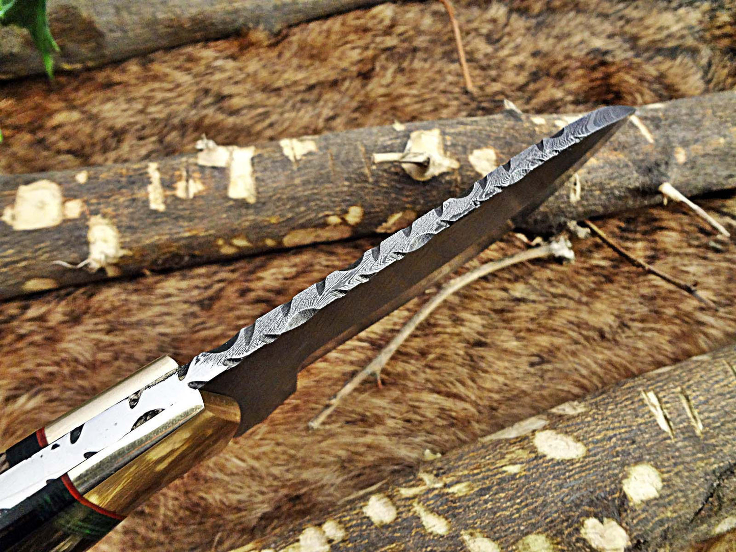 9" Damascus steel full tang Skinning Knife, Black and white scales with Brass Bolster scale, Cow hide Leather sheath included