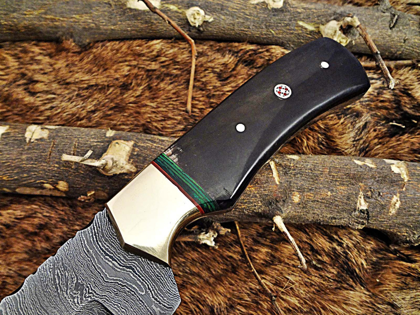 9" Damascus steel full tang Skinning Knife, Black and white scales with Brass Bolster scale, Cow hide Leather sheath included