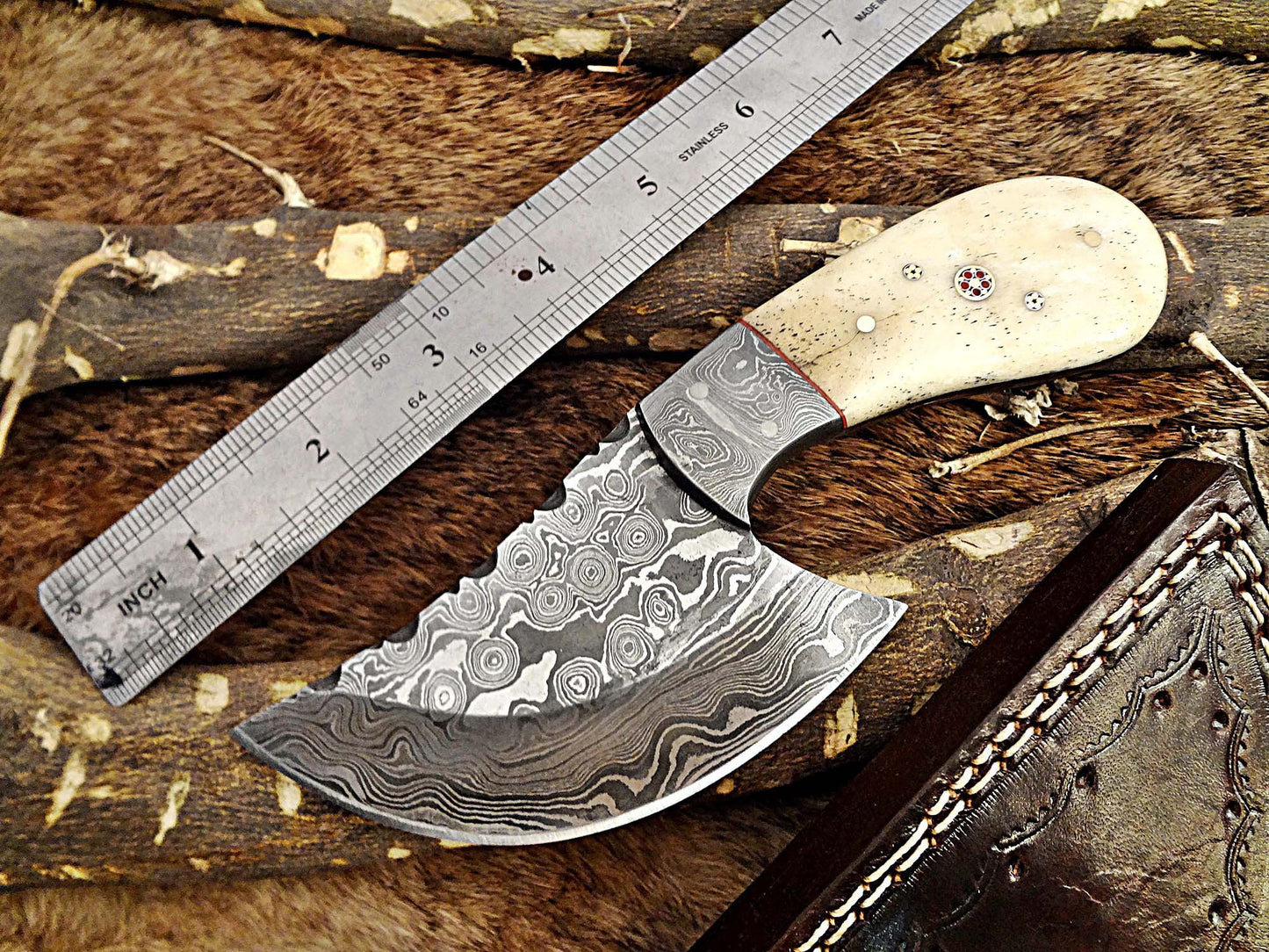 7" long Hand Forged Damascus Steel wide blade Pocket Knife with 3.5" cutting edge, available in 4 Natural scales, Includes Cow leather sheath