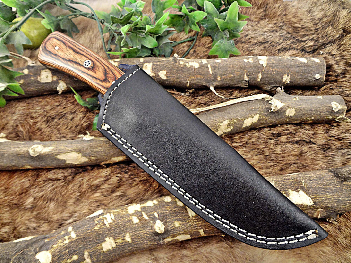 11" Long hand forged Damascus steel full tang blade skinning Knife, 2 tone brown Dollar wood with Brass bolster scale, Cow Leather sheath
