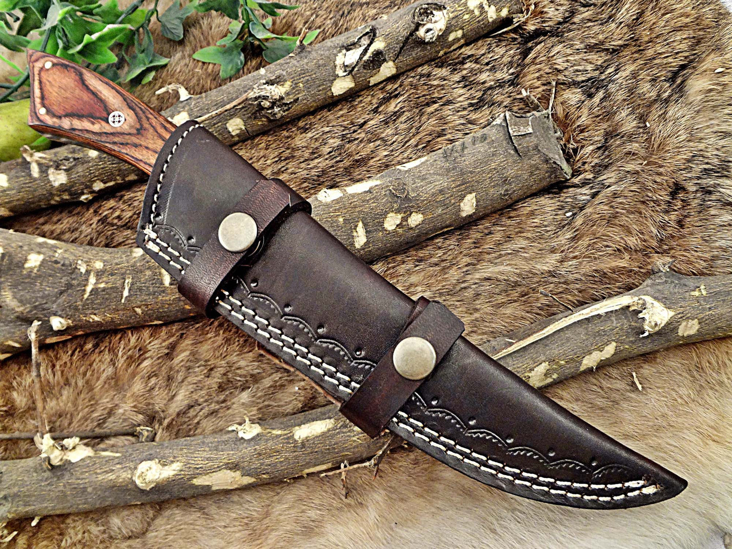 11" Long Damascus steel full tang trailing point blade skinning Knife with Leather sheath, Available in 3 scales with bolster