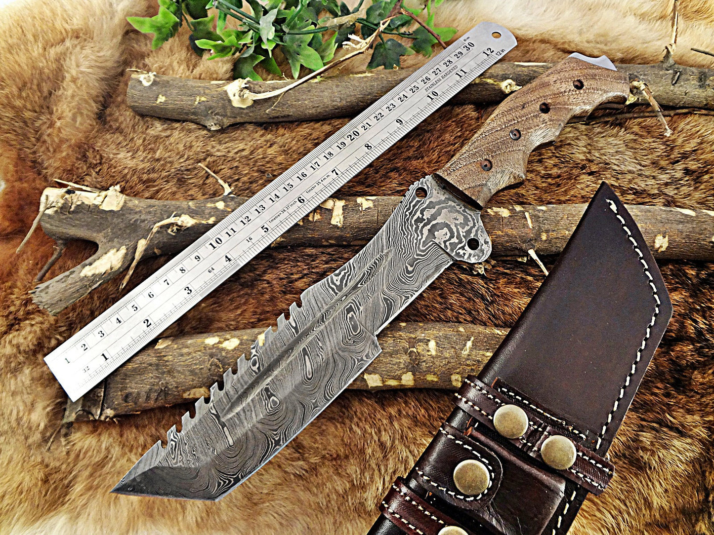 14" Long hand forged Damascus steel tracker knife full tang Tanto blade, Natural rose wood scale with hole, cow hide leather sheath