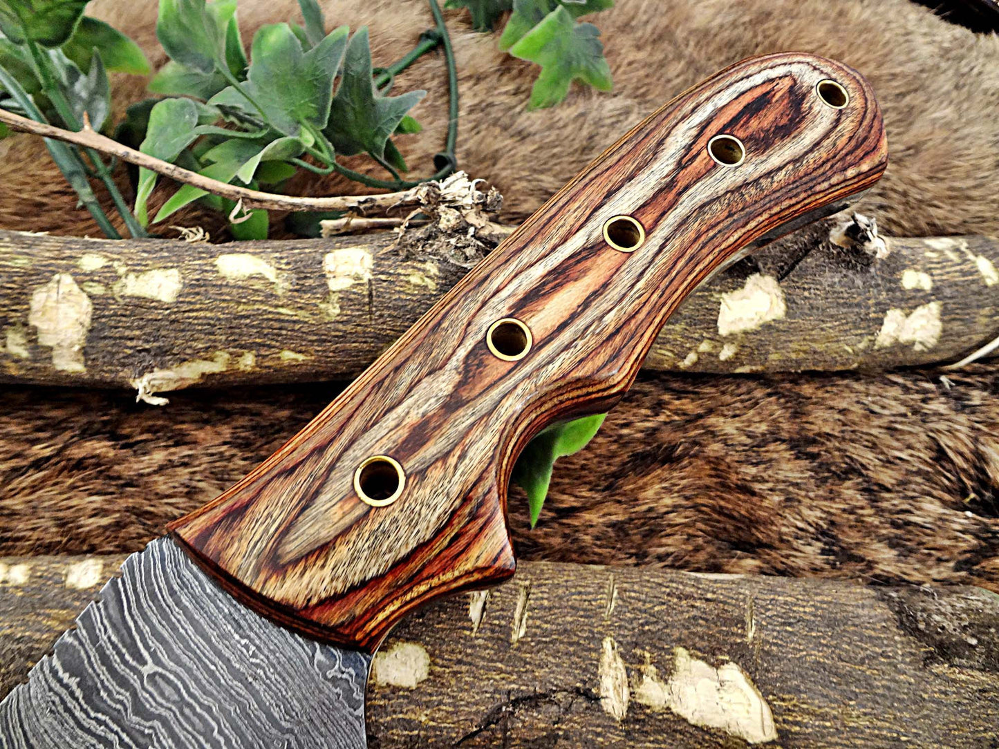13" Long hand forged twist pattern full tang Damascus steel tracker knife, 2 tone brown dollar wood with holes scale, Cow leather sheath