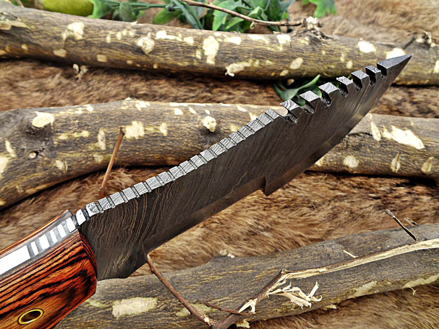 13" Long hand forged twist pattern full tang Damascus steel tracker knife, 2 tone brown dollar wood with holes scale, Cow leather sheath