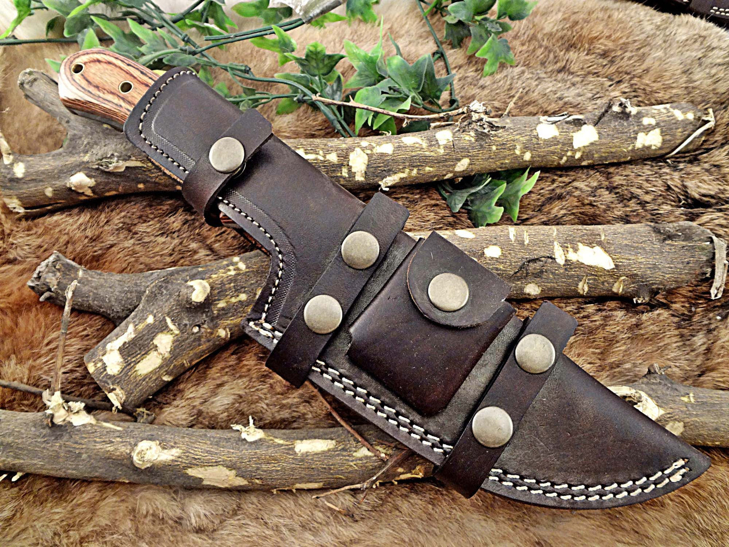 13" Long hand forged twist pattern full tang Damascus steel tracker knife, 2 tone brown dollar wood with holes scale, Cow leather sheath