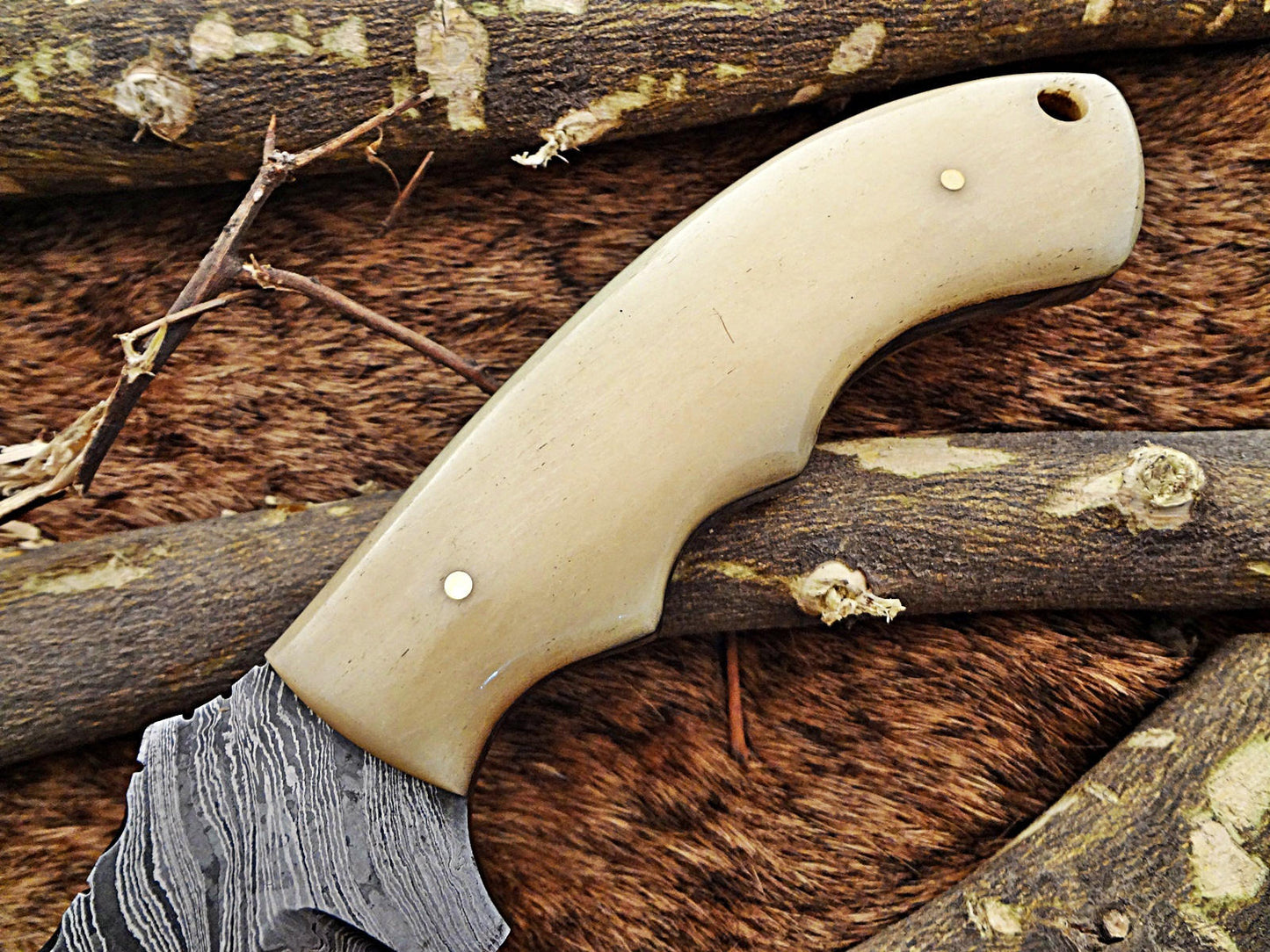 10"Long tracker knife hand forged twist pattern full tang Damascus steel, Natural Camel bone hole scale, Cow hide leather sheath