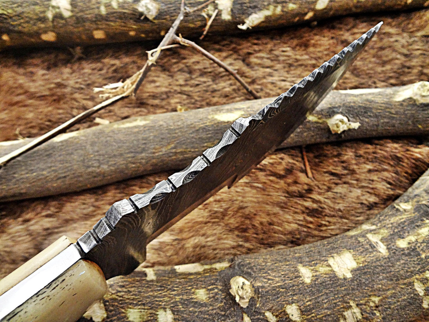 10"Long tracker knife hand forged twist pattern full tang Damascus steel, Natural Camel bone hole scale, Cow hide leather sheath
