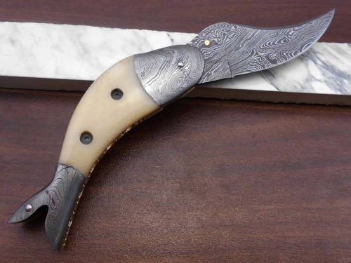 Fish shape 8" folding pocket knife available in 3 natural scales, Cow leather sheath included