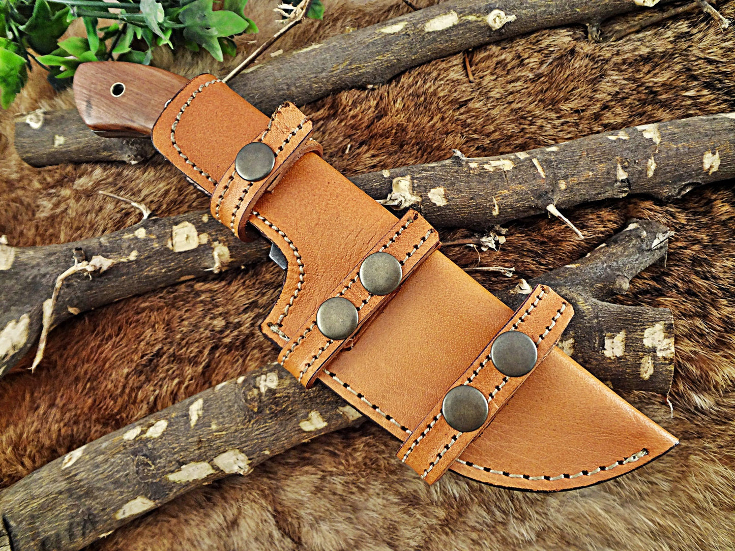 10"Long tracker knife hand forged twist pattern full tang Damascus steel, Natural Rose wood with pipe hole scale, Cow hide leather sheath